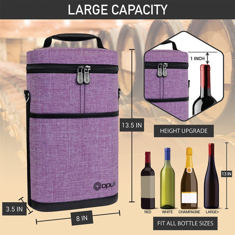 opux 2 Bottle Wine Carrier Tote  Insulated Leakproof Wine Cooler Bag  Wine Travel Bag for Picnic BYOB Beach  Portable Wine Bottle Carrying Case  Gift for Wine Lover Women Men Christmas  Purple - Image 3